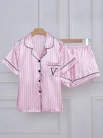 Striped Embroidered Letter Pocket Short Sleeve And Shorts Pajama Set Casual Satin Sleepwear Lapel Collar Classic Print