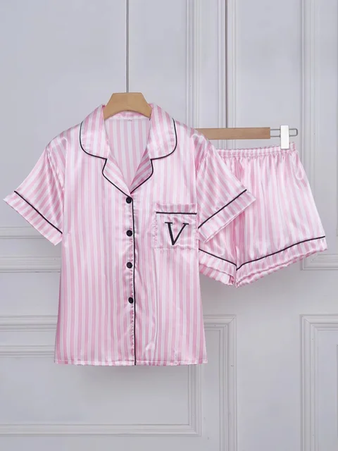 Striped Embroidered Letter Pocket Short Sleeve And Shorts Pajama Set Casual Satin Sleepwear Lapel Collar Classic Print