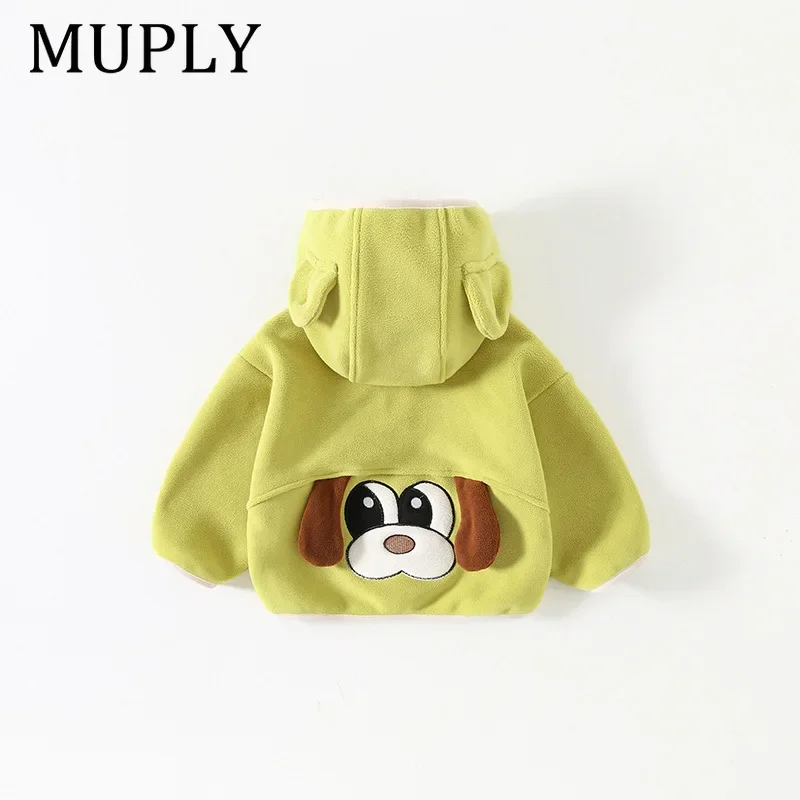 Toddler Kids Fleece Hooded Jacket Autumn Winter Cartoon Dog Back Print Zip‑Up Coat Warm Thick Outerwear For Baby Boys Girls
