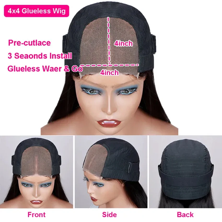 Glueless 4X 4 parrucca con chiusura in pizzo dritto 200 densità parrucche brasiliane Remy per capelli umani per donne nere parrucca con chiusura in pizzo Pre pizzicato