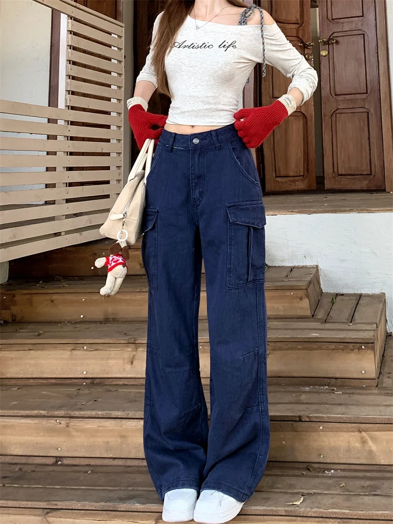 Retro Women Dark Blue Cargo Wide Leg Pants High Waist Multi Pocket Draping Floor Length Pants Slim Fit Height Friendly