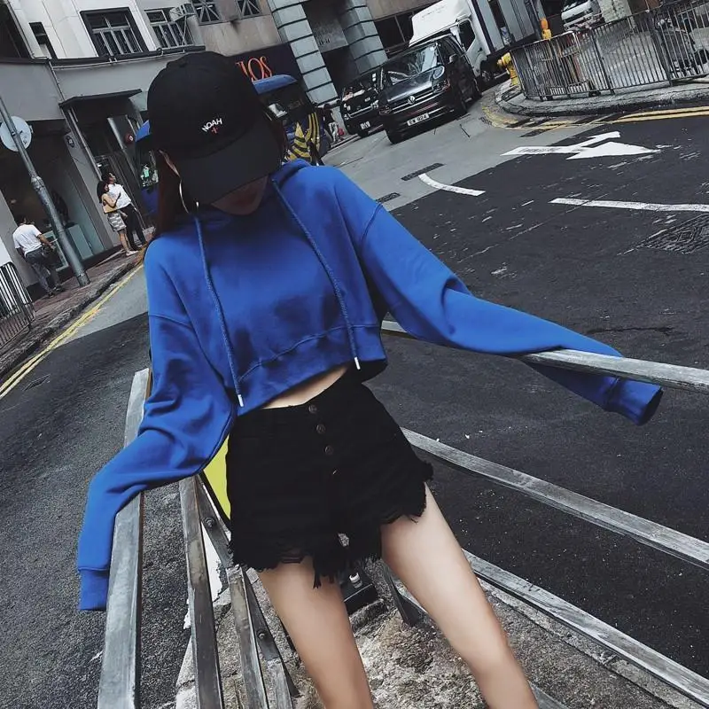 Female Top Cropped Warm Autumn and Winter Blue Hoodies Loose Thick Baggy Cold Women's Hooded Sweatshirts Sweat-shirt Long Sleeve