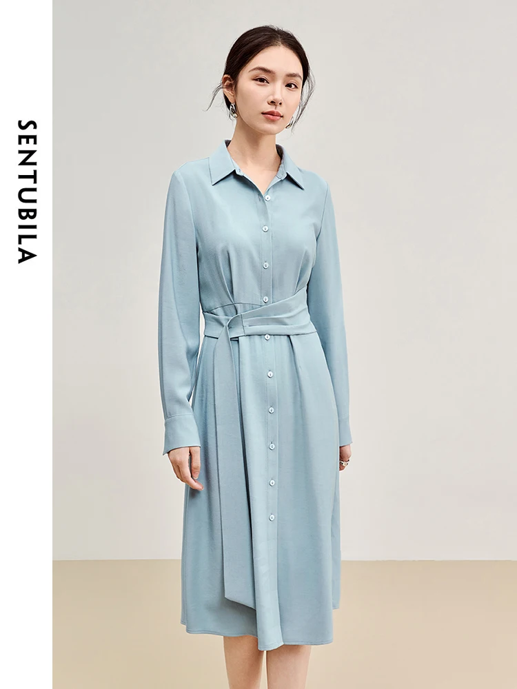

SENTUBILA Shirt Dress For Women 2025 Autumn Elegant Casual Long Sleeve Tie Belt Button Down Dresses Ladies Clothing 143L56467