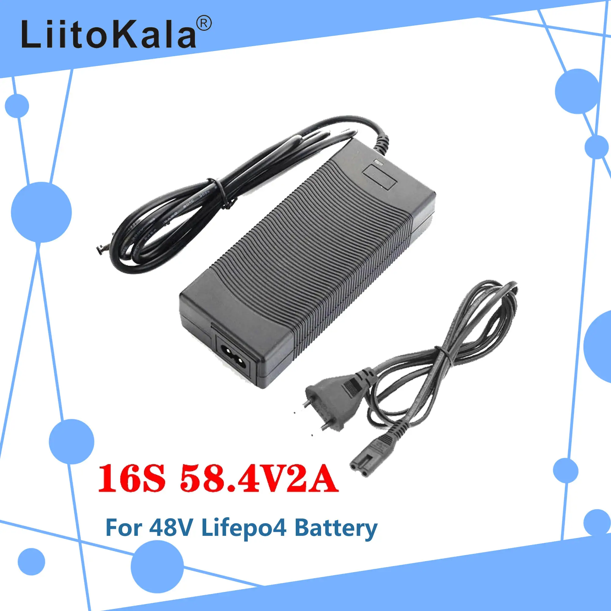 LiitoKala 48V 2A LiFePO4 battery Charger 58.4V 2A 100-240VAC DC LiFePO4 Battery Charger For 16S 24V LiFePO4 Battery pack