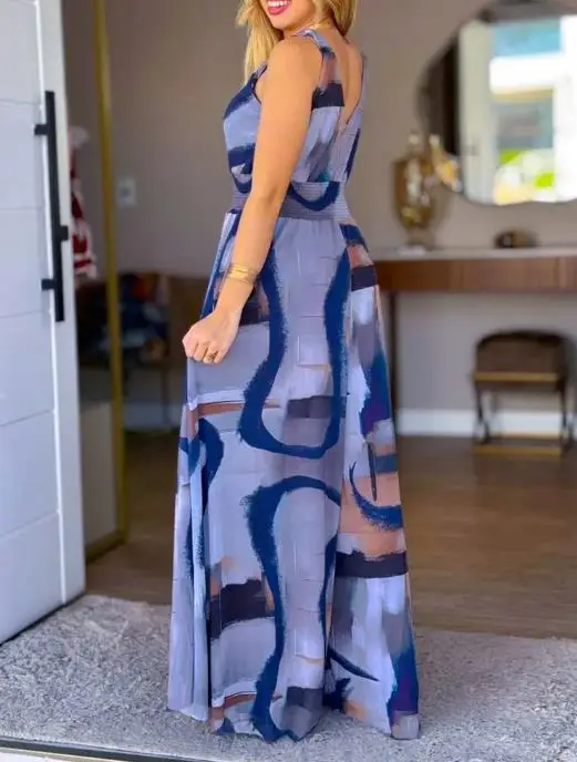 بذلة نسائية عتيقة مطبوعة تجريدية على شكل حرف v أشرطة سميكة عالية الخصر بدون ظهر وزرة غير رسمية بخصر عريض بذلة واسعة الساق