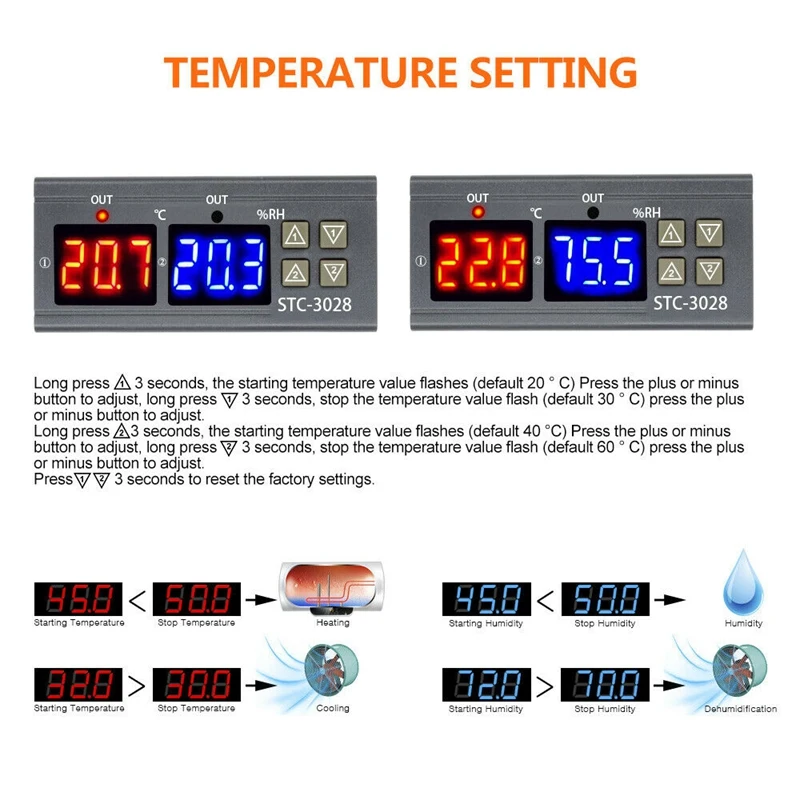 STC-3028 Digital Temperature Humidity Meter 10A Thermostat Dual Display Hygrometer Controller