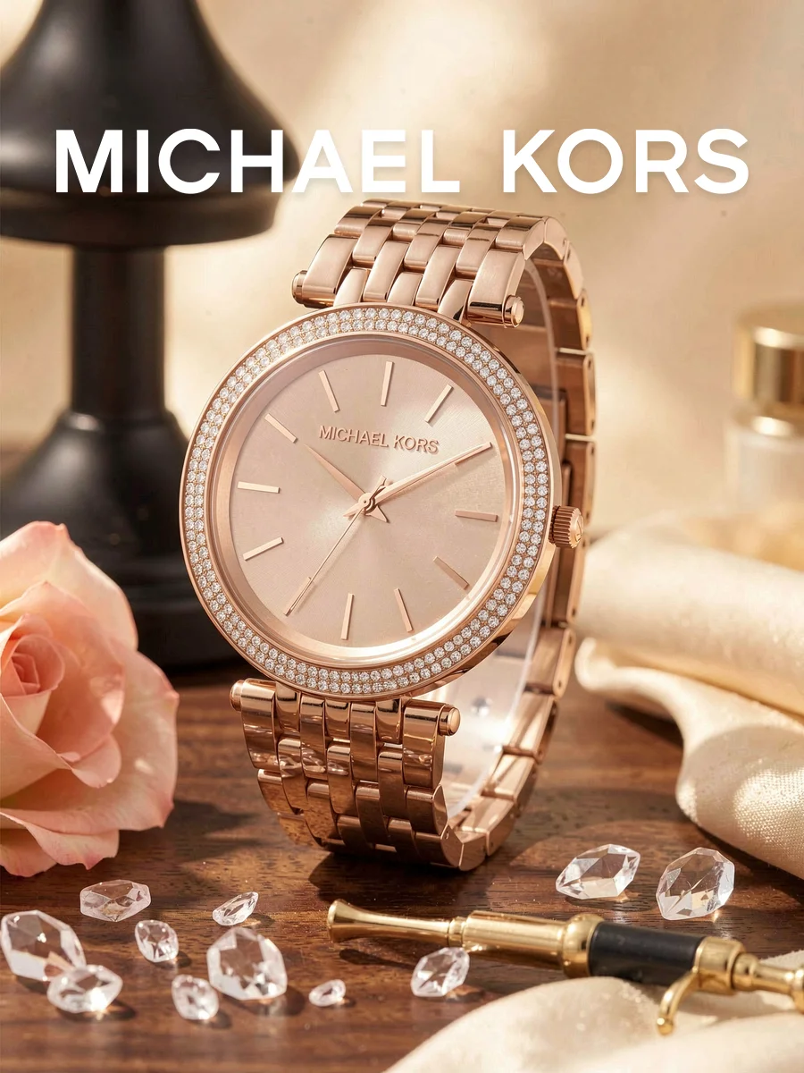 Michael Kors Ladies Quartz Watch Rose Gold Stainless Steel Bracelet Double Row Crystal Bezel Sunburst Dial for Banquet Gift
