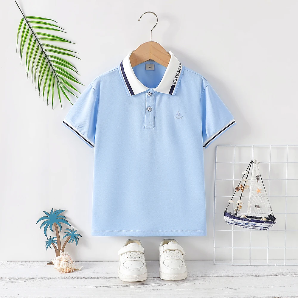 Jungen-Poloshirt 5-12 Jahre Sommer Segelboot-Stickerei Kurzarm-T-Shirt Kinder Gestreiftes Revers Atmungsaktives Lässiges Schul-T-Shirt – Detail 4