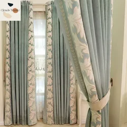 Luxury Green European Style Curtains for Living Dining Room Bedroom Blackout Embroidery Stitching Door Window Curtain Customize