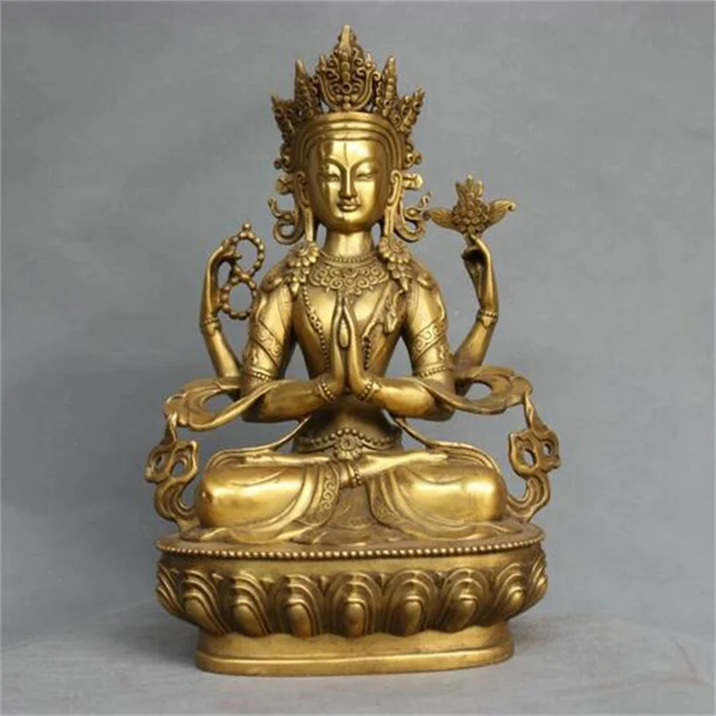 

12 ''China Tibet Bronze 4 Arme kwan-yin Chenrizg Buddha Statue metallhandwerk