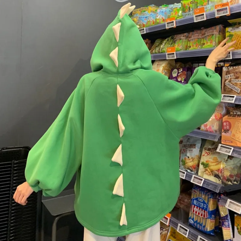 Herfst Vrouwen Cartoon Dinosaurus Hoorn Cap Hoodies Harajuku Sweatshirts Leuke Voor Korte Rug Lange Trui Ongedwongen Losse Trainingspak