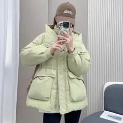 2023 New Women Down Jacket Mid-Length Tight Waist Loose Large Pockets White Duck Down Outwear Winter Fashion Casual Hooded Parka