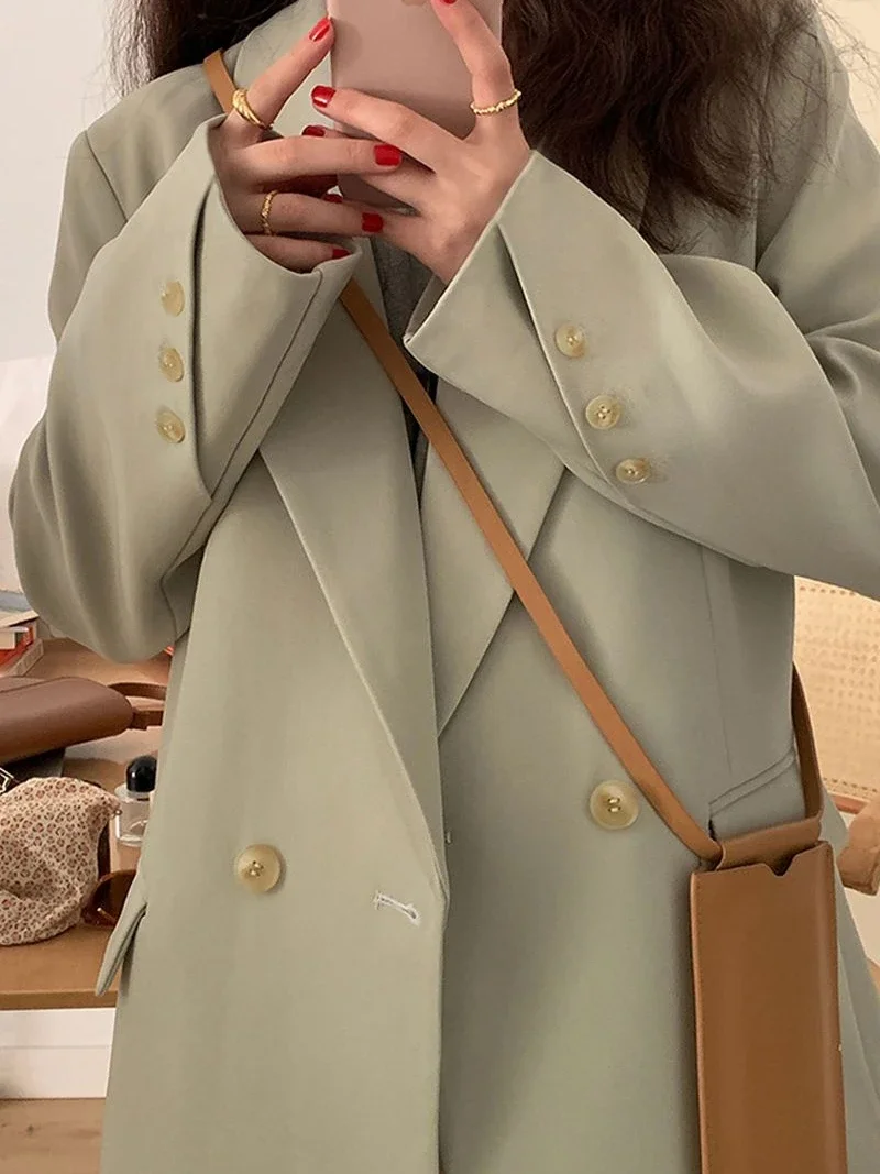 Ulzzang-Blazer basique cranté à double boutonnage pour femme, vêtement de bureau, tenue gracieuse, style Harajuku, collection automne