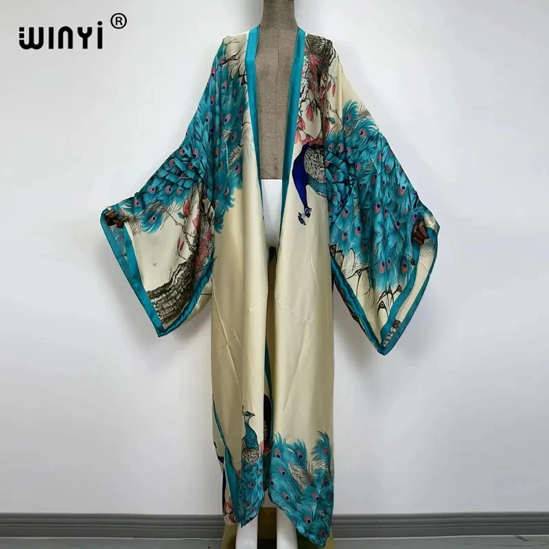 WINYI-kimono clásico con estampado de pavo real para mujer, cárdigan sexy bohemio Maxi, vestido de seda de manga larga para vacaciones, caftán de verano