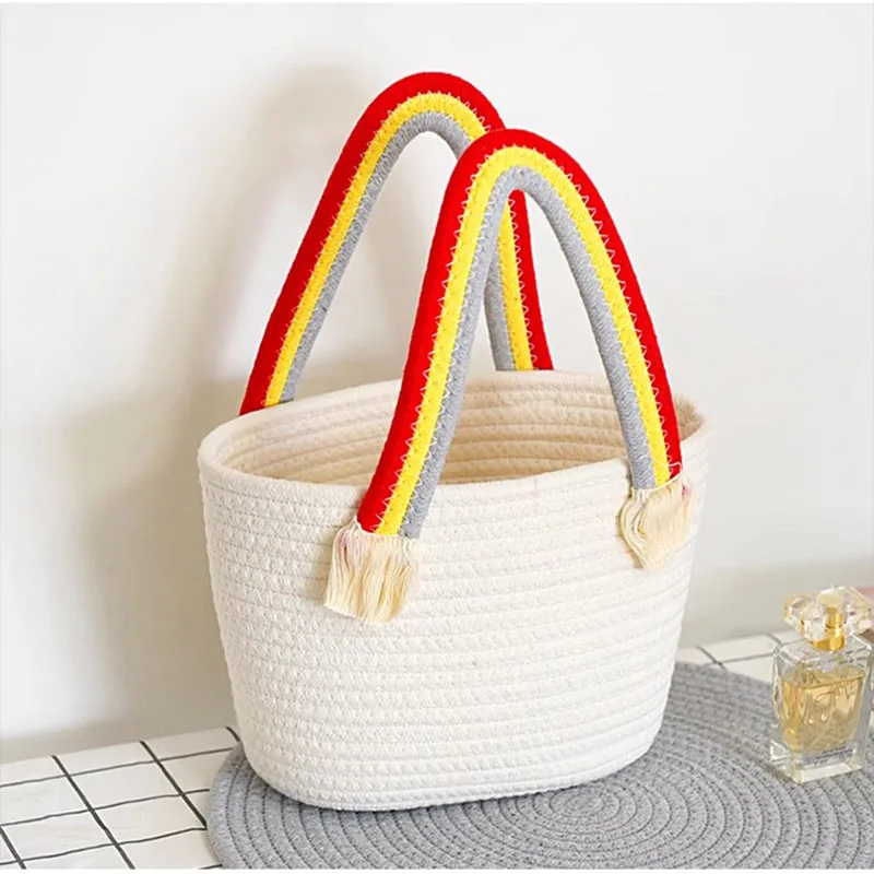 Handwoven Colorful Bag Bucket Bag Cosmetics Storage Bag Cotton Thread Storage Basket Picnic Carrying Basket