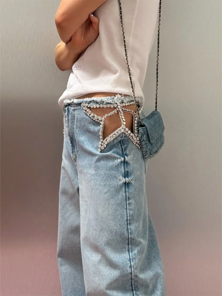 Women Solid Cut Out Wide Leg Jeans Low Waist Raw Edge Rhinestone Hollow Out Side Slit Baggy Loose Denim Trousers Streetwear