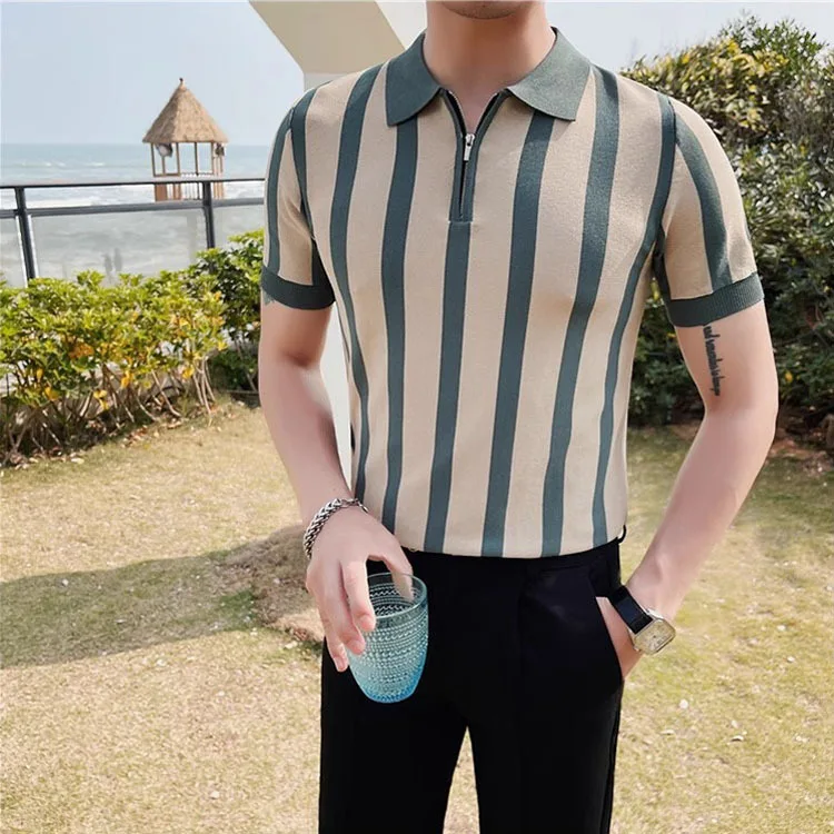 Summer Half-Zip Striped Ice Silk Short Sleeve Knit Polo Shirt Men's Business Casual Top