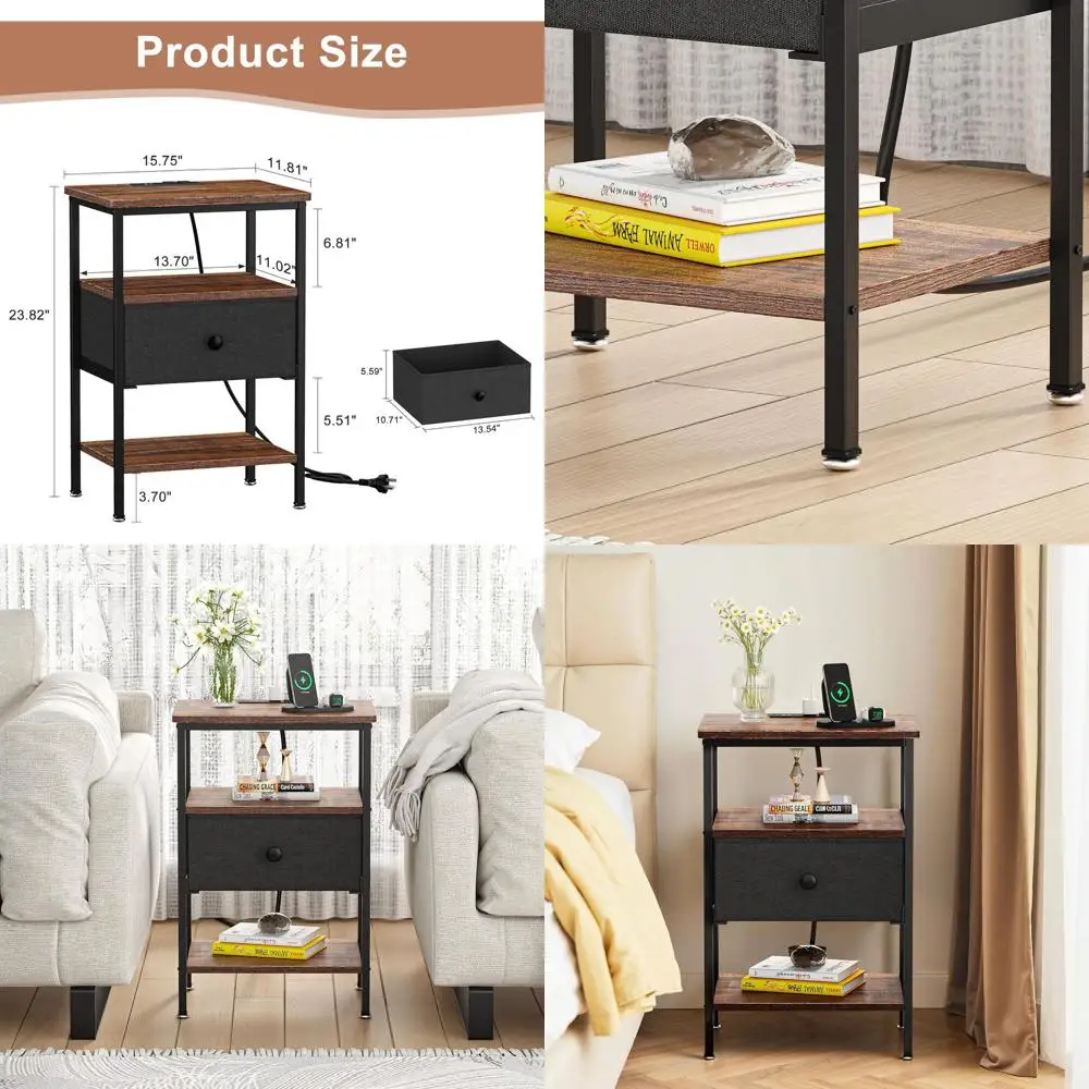 

Pair of Brown Bedside Tables with Charging Station & Fabric Drawers for Bedroom and Living Room