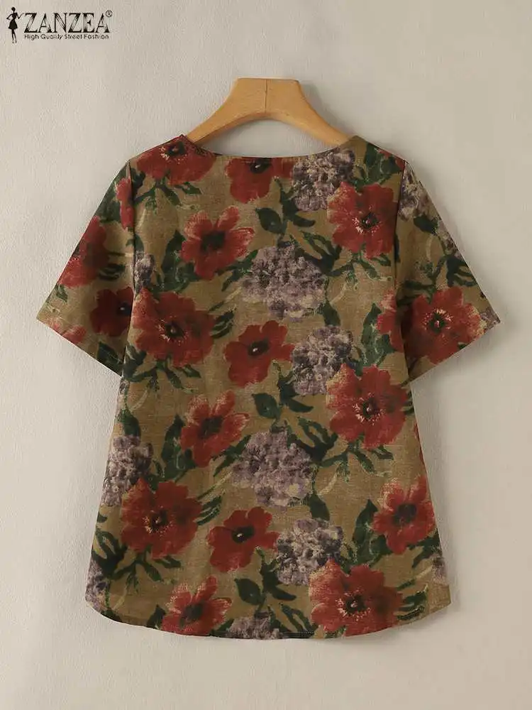 2024 ZANZEA Summer O Neck Short Sleeve Floral Printed Blouse Women Bohemian Shirt Casual Cotton Blusas Mujer Vintage Tops Tunic