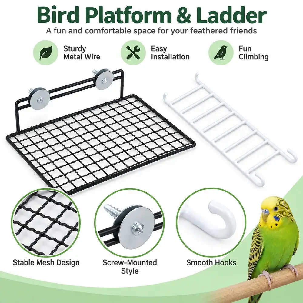 Metal Wire Bird Platform Station Net Hook and Screw Mount Grid Mesh Parrot Standing Platform Black and White Rest Platform Style