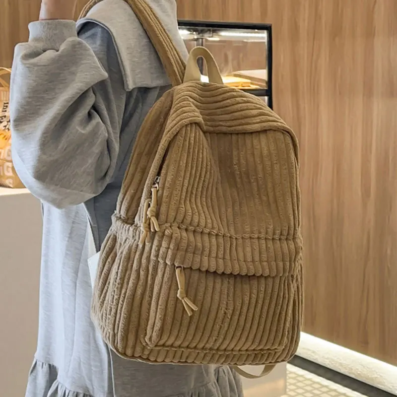 Striped corduroy women's backpack simple student schoolbag large capacity computer storage travel backpack women's bag