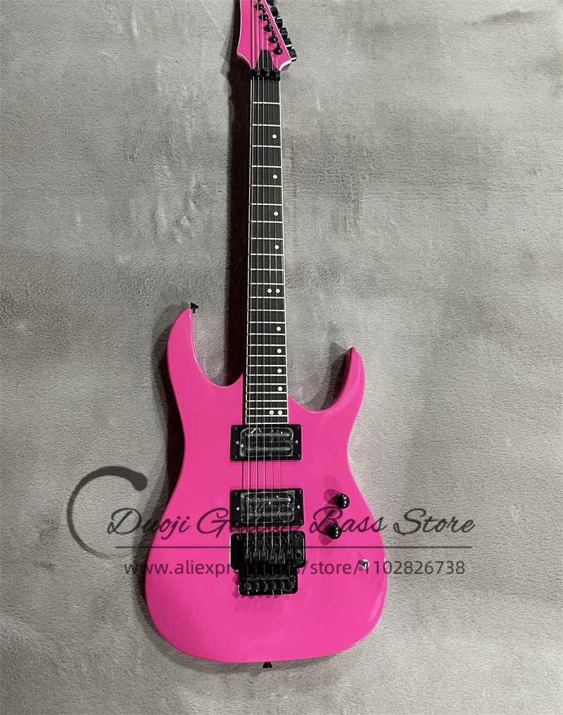 Factory Pink Electric Guitar Pink Neck Rosewood Fingerboard 24 Frets Tremolo Bridge HH Pickups Black Tuners Customization