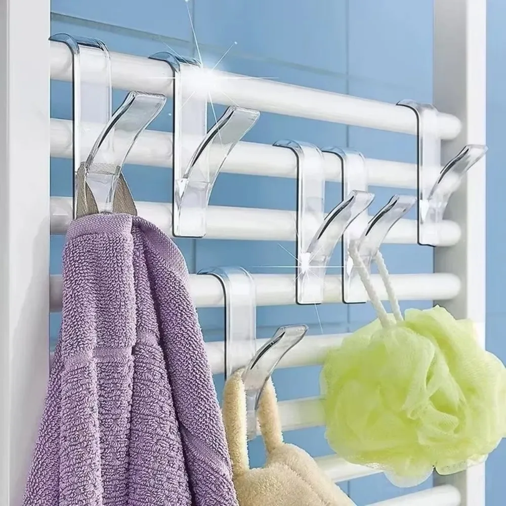 2PCS Towel Hanger Clips, Kitchen Bathroom Storage Rack, Heated Radiator Rail Hooks, White Clear Clothes Scarf Holder