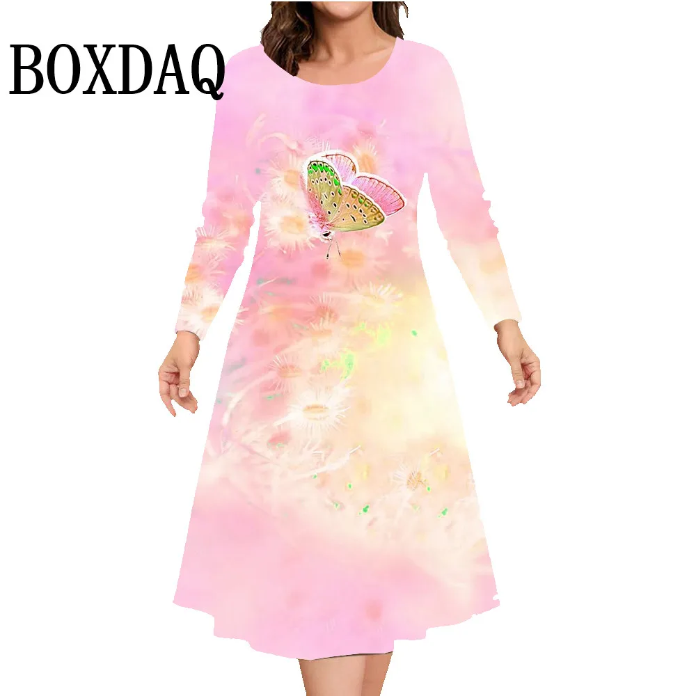 New Dream Sweet Butterfly 3D Print Dresses Autumn 2024 Fashion Elegant Women Long Sleeve A-Line Dress Casual O-Neck Loose Dress