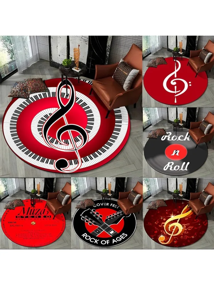 Music Themed Round Entrance Doormat Treble Clef Piano Keys Graphic Rug Musical Style Indoor Home Decor Floor Mat