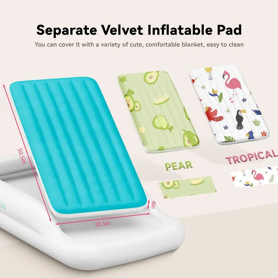 سرير سفر محمول للأطفال الصغار مع مصدات أمان، مرتبة هوائية قابلة للنفخ للأطفال مع مضخة كهربائية، مرتبة تفجير للأطفال، للغرا