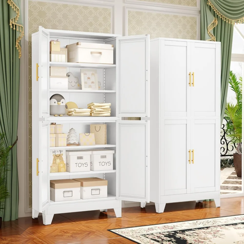 

75.2" Tall Metal Pantry Cabinet, Kitchen Pantry Storage Cabinets with 4 Door and 4 Adjustable Shelves, White Storage