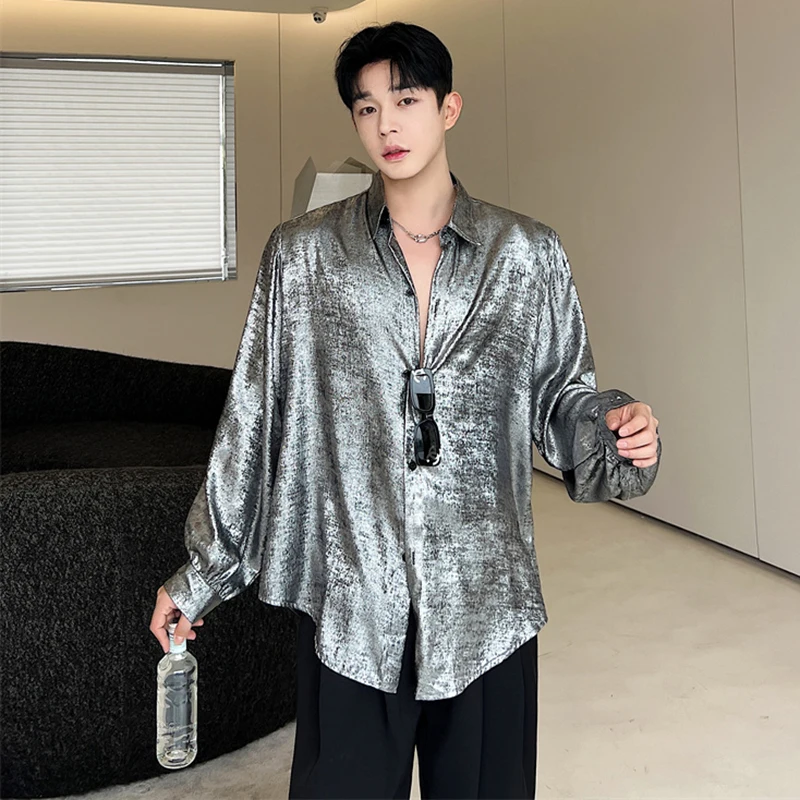 IEFB Male Shirt Korean Trendy Lapel Reflective Design Solid Color Men's Long Sleeve Shirts New Chic Men's Wear Summer 2024 9C697