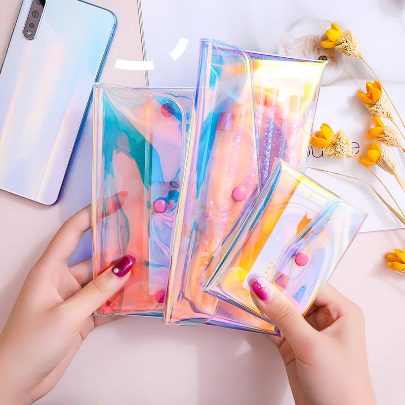 Laser Color Transparent TPU Pencil Bag Buckle Student Stationery Pen Pouch Multi-functional Storage Bag Waterproof Makeup Bag