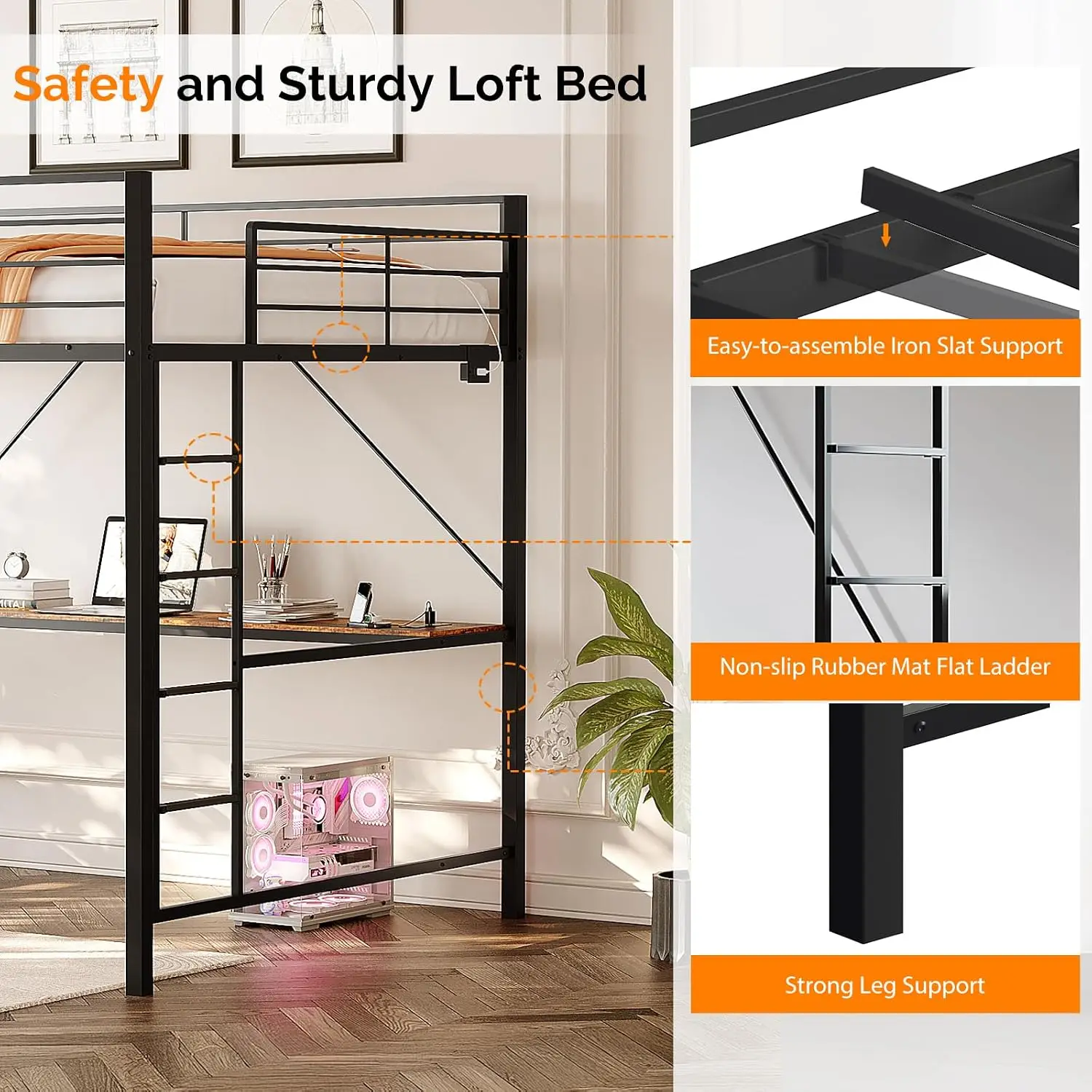 Queen Loft Bed with 15 Inch Guardrail,Led Lights and Desk Underneath, Industrial Metal High Sleeper with 2 Charging, Customized - view 6