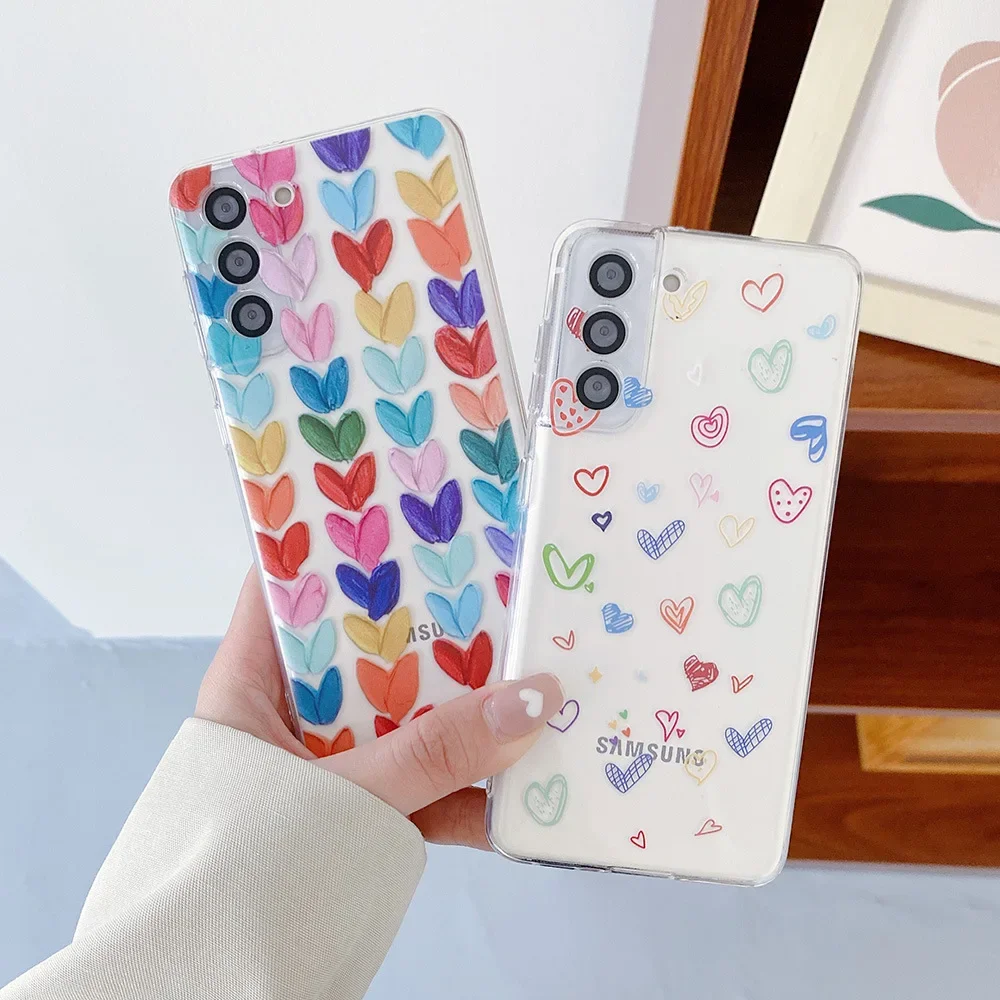 Cute Cartoon Love Heart Phone Case for Samsung Galaxy S24 S23 Plus S22 S21 FE S20 Ultra 5G Leopard Daisy Fundas Clear Soft Cover