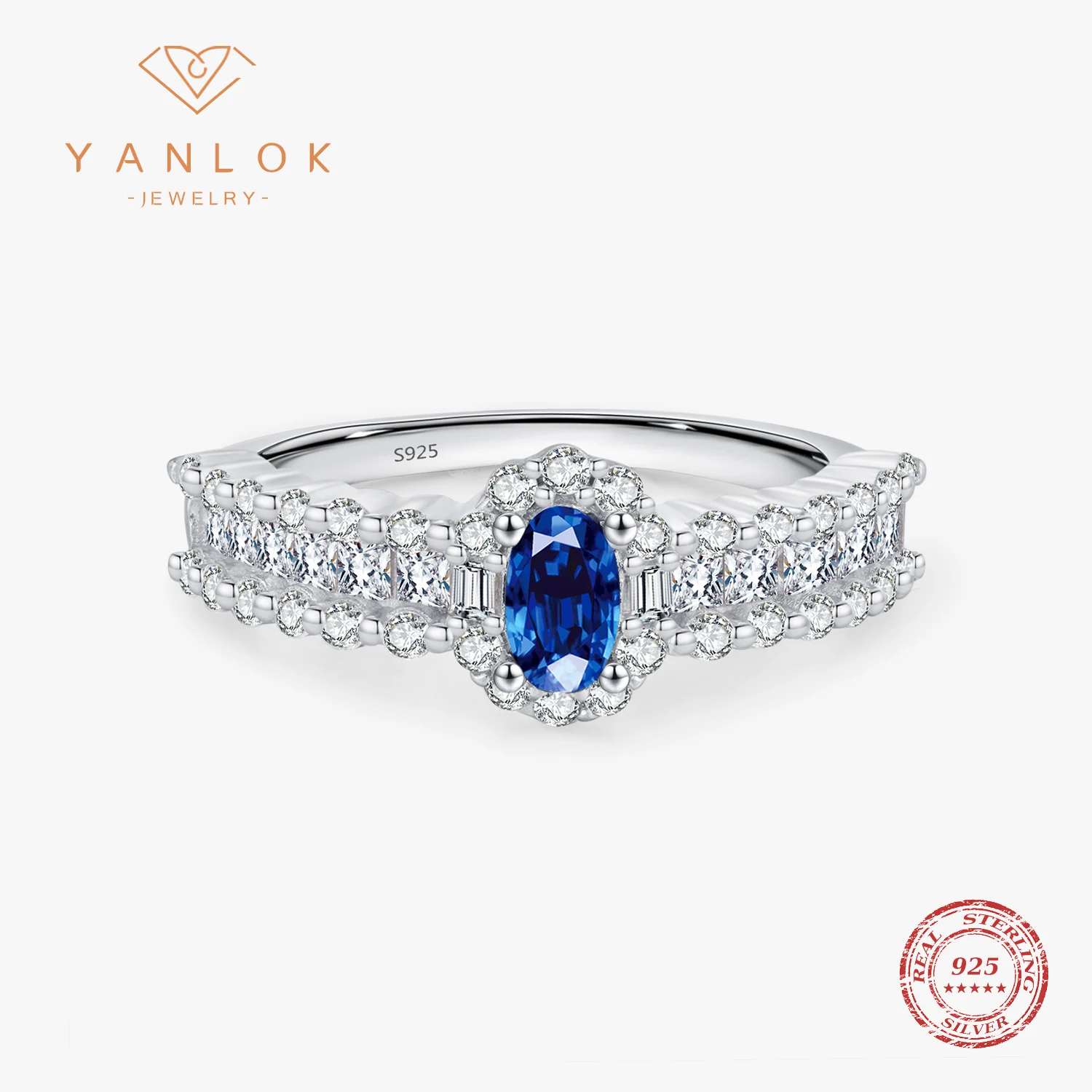 

YANLOK Sparkling Luxury Oval Royal Blue Zirconia Ring For Women 925 Sterling Silver Wedding Engagement Statement Fine Jewelry