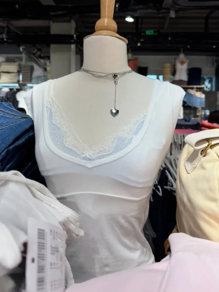 White V-neck Slim Crop Tops Women Summer Casual Simple Basic Cotton Flutter Sleeve Tees Sweet Cute Preppy Style T-shirts Y2K New