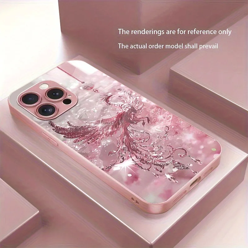 

Pink Crystal Phoenix Pattern Metallic Paint Glass Hard Phone Case For iPhone 17 Air 17 16 15 14 13 12 11 Pro Max Plus 16E Cover