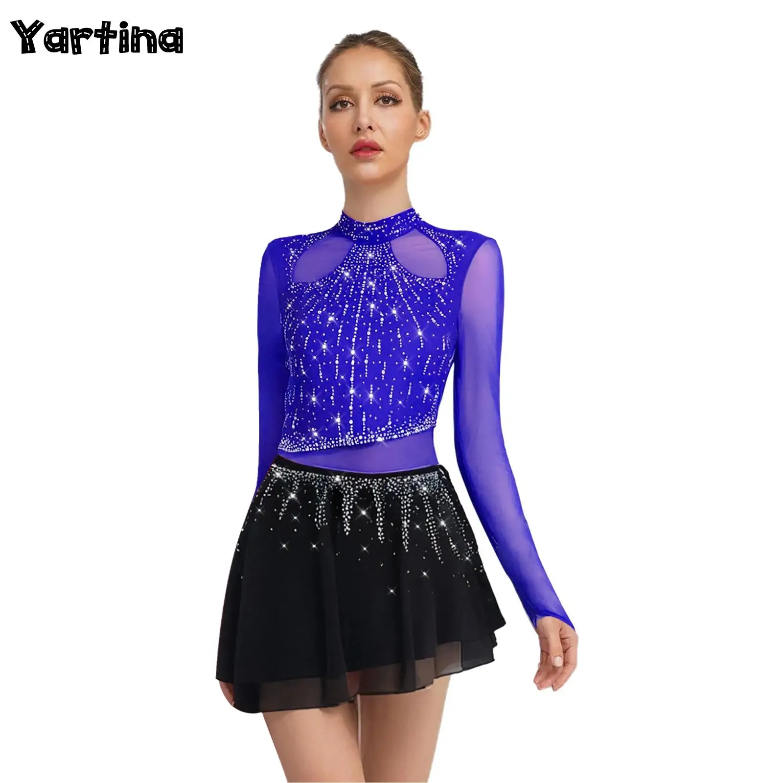 

Womens Rhinestone Ballet Skirted Bodysuit Dress Rhythmic Gymnastics Figure Skating Lyrical Contemporary Modern Dance Costume