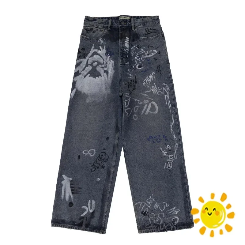 

Fasion Graffiti Tie-dyed Zipper Straight Leg Jeans Pants for Men Women Washed Trousers Hip Hop