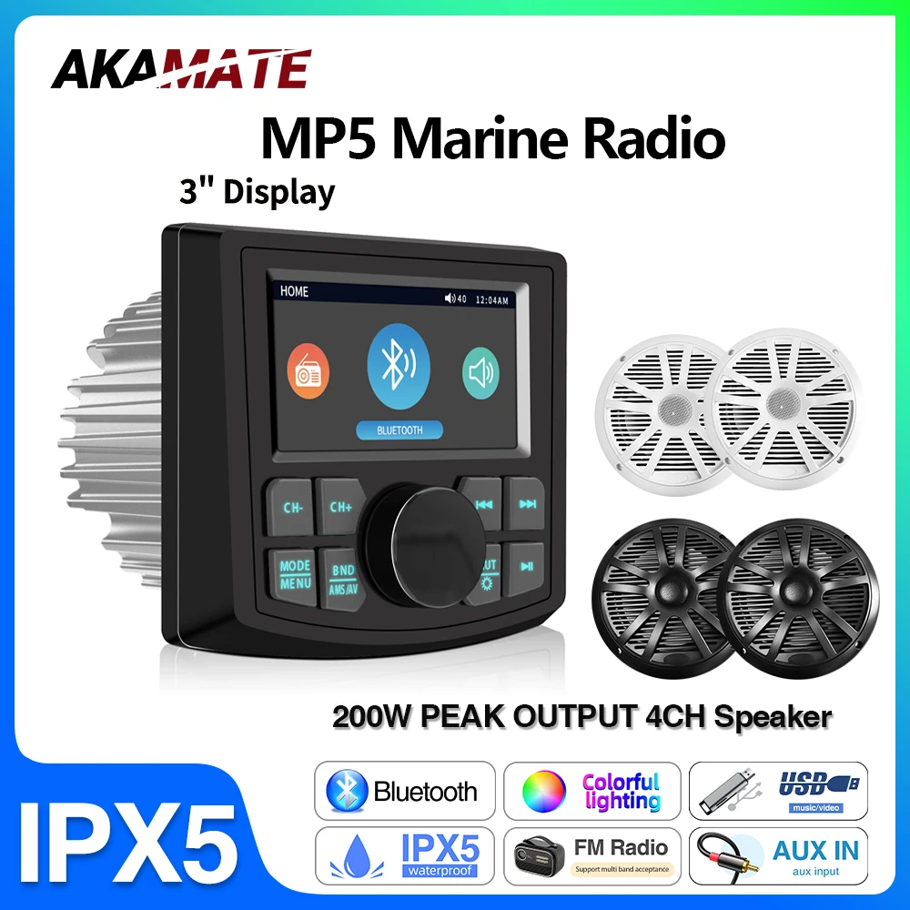 Radio marine 3 pouces MP5, radio de bateau, haut-parleur 240W pour ATV, UTV, SPA, RZR, RV, lecteur multimédia stéréo, étanche, Bluetooth, AUX, AM, FM, RDS