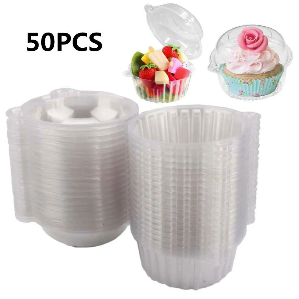 50Pc Plastic Cupcake Muffin Single Cup Cake Holders Boxes Pods Domes Cases Clear