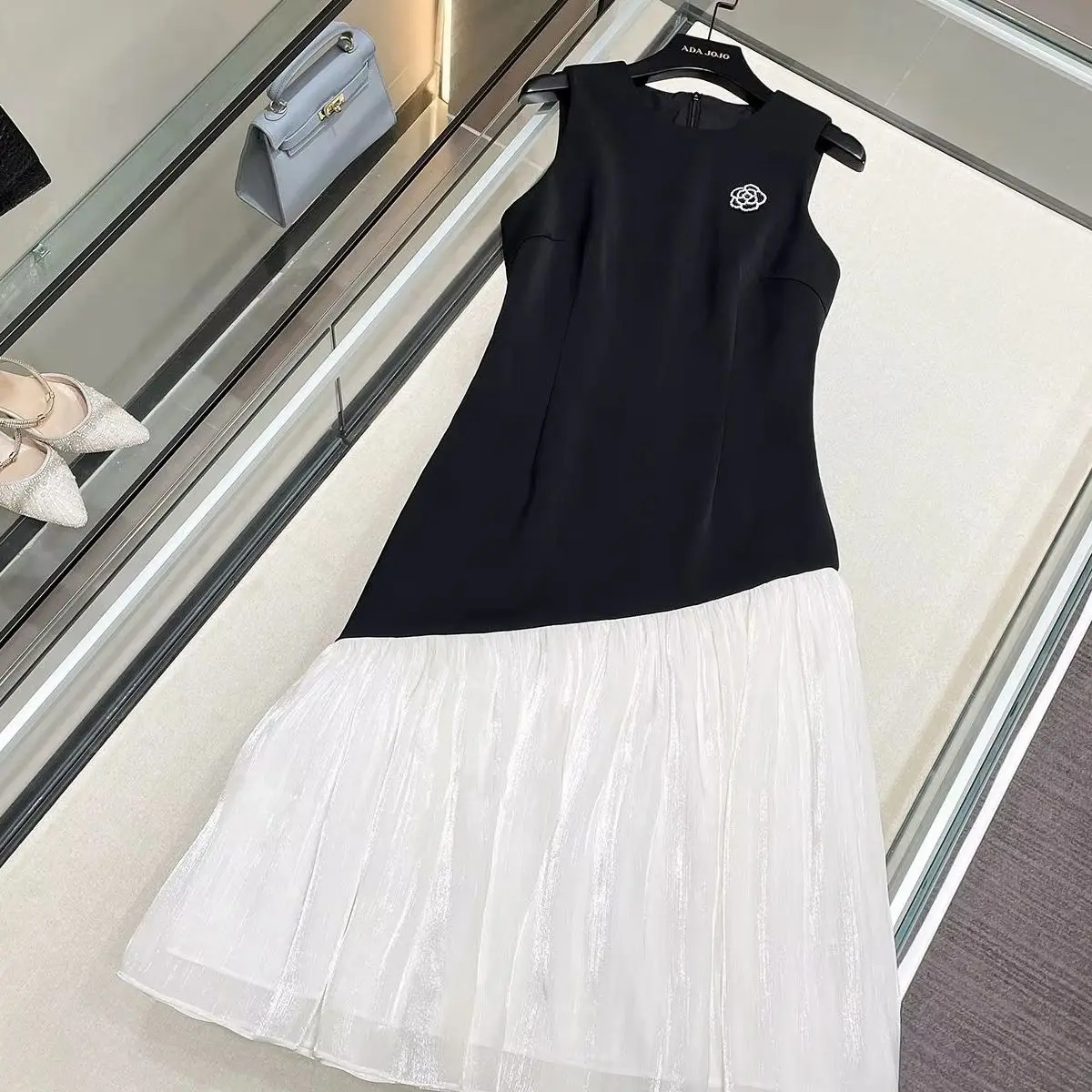 

2025 French Style Vintage Sleeveless O-Neck Dress for Women Patchwork Mesh Zipper Elegant Casual Fashion Spring Summer Dress