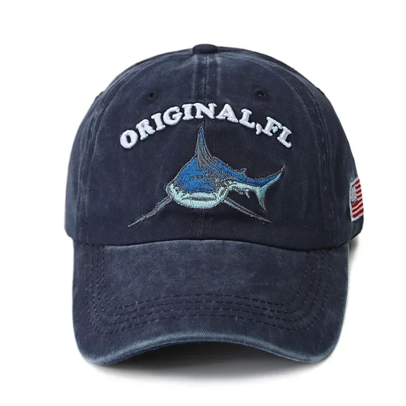 Embroidery Washed Cotton Shark Dad Hat for Men Vintage Baseball Cap Hip Hop Curved Fishing Cap Summer Fish Snapback Women Hat