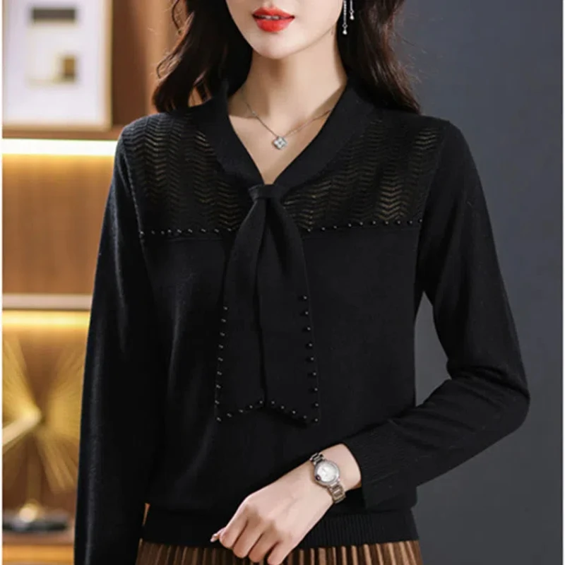 Simplicity Office Lady Autumn Sweaters Pullovers Women\'s V-Neck Solid Bow Embroidered Flares Fashion Long Sleeve Knitted Tops