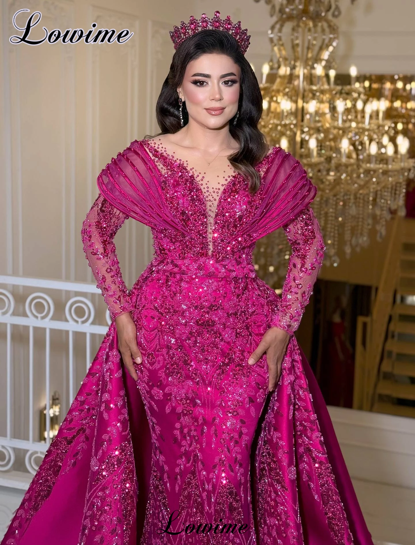 

Two Pieces Fuchsia Evening Dresses With Detachable Train Long Sleeves Formal Occasion Dresses Mermaid Robes De Soirée Customized