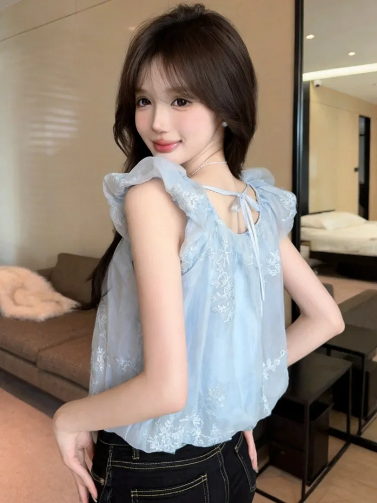 

Blue Floral Print Off-Shoulder Crop Top Women Summer Unique Beautiful Beach Bloom Doll Shirt Sweet Style Knitted Short Sleeve
