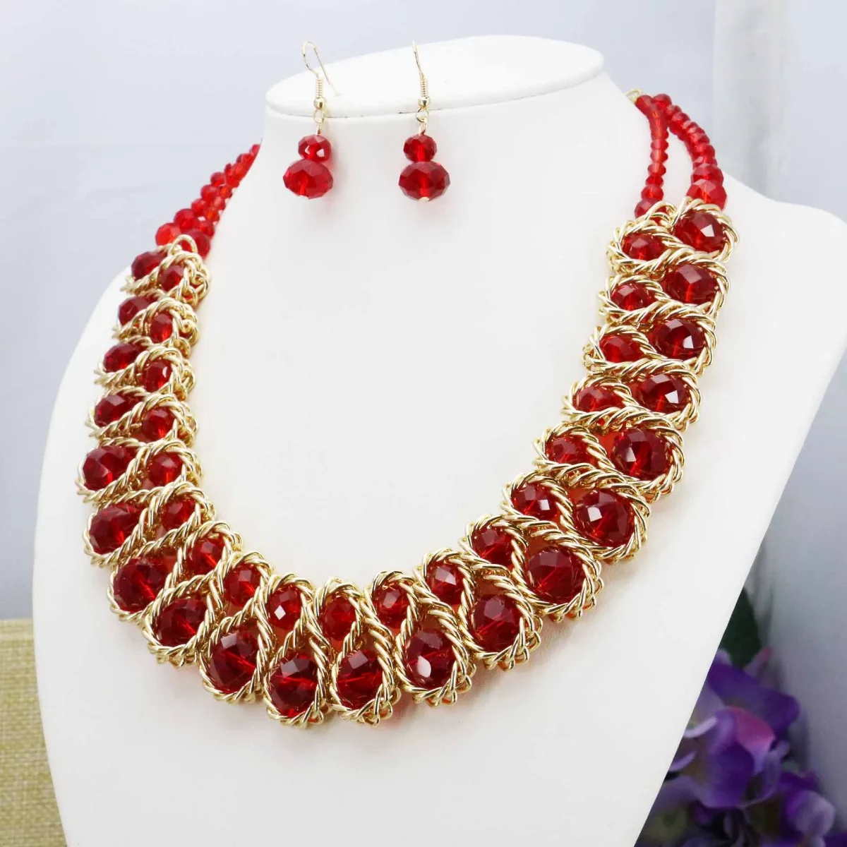 Hot Sale Colorful Crystal Glass Beads Necklaces&Earrings Sets For Women Girls Gilfs Chain 3Row DIY Jewelry Design Crafts 18inch