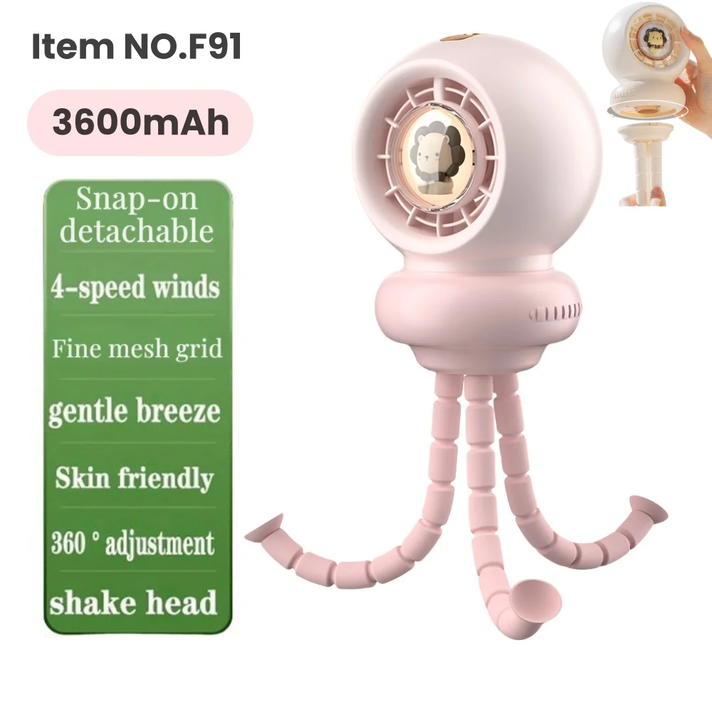 Tragbarer Kinderwagen-Ventilator, Octopus, USB wiederaufladbar, 3600 mAh, Schüttelkopf, zum Aufstecken, abnehmbarer Desktop-Handheld, Mehrzweck-Mini-Ventilator