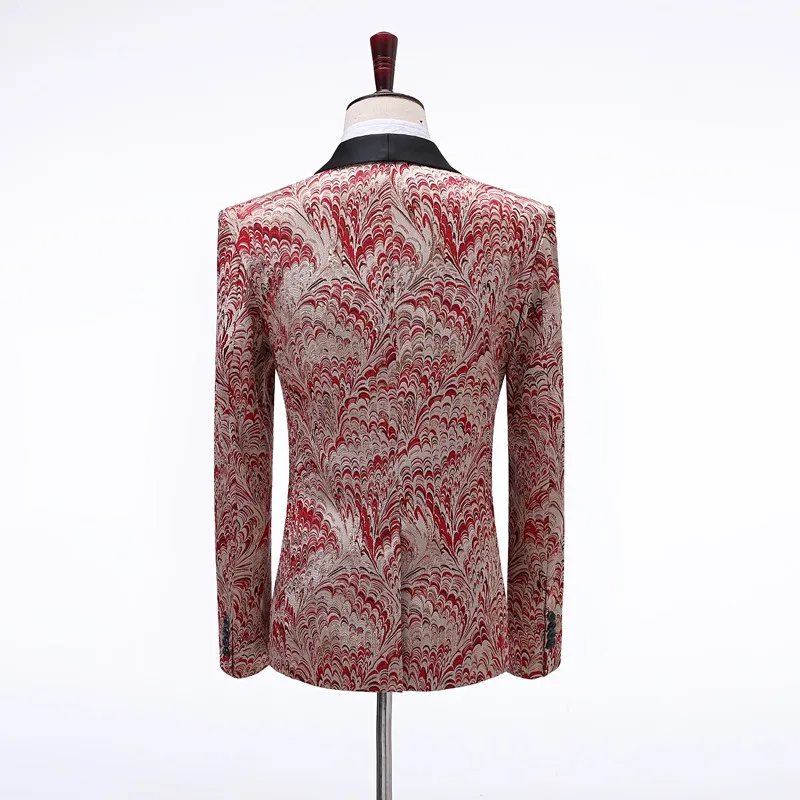 Men Suits Burgundy Jacquard Lapel Collar Suits Three-piece Set Perform Male Host Suit Groom Suit Men